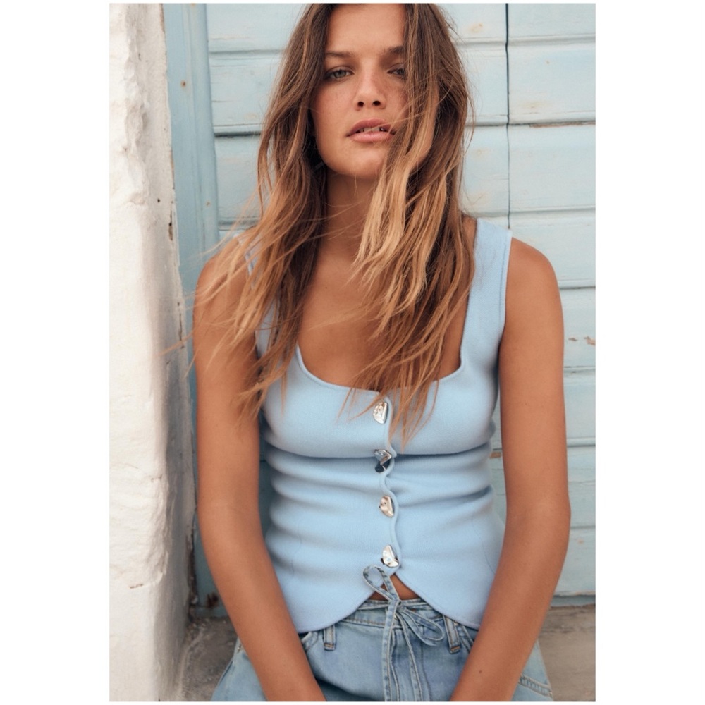 Zara Plain Knit Corset Top in Blue, Size Medium